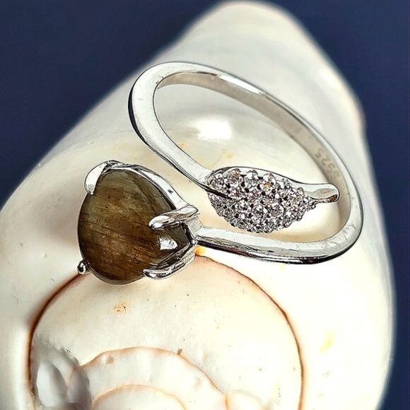Natural Labradorite & CZ 925 Sterling Silver Ring Sz 6.5 (ADJUSTABLE) - Picture 4 of 7